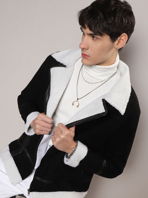 Campus Sutra Mens Carbon Black & Chalk White Fleece Lined Biker Jacket