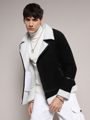 Campus Sutra Mens Carbon Black & Chalk White Fleece Lined Biker Jacket