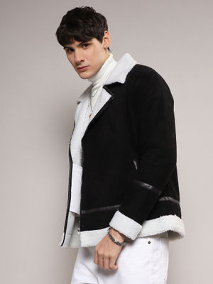 Campus Sutra Mens Carbon Black & Chalk White Fleece Lined Biker Jacket