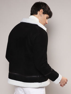 Campus Sutra Mens Carbon Black & Chalk White Fleece Lined Biker Jacket