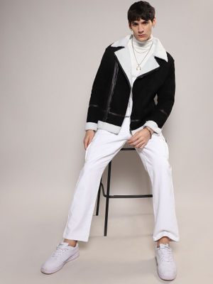 Campus Sutra Mens Carbon Black & Chalk White Fleece Lined Biker Jacket