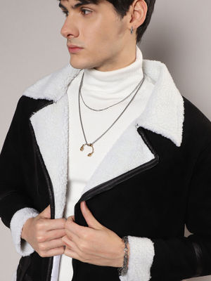 Campus Sutra Mens Carbon Black & Chalk White Fleece Lined Biker Jacket