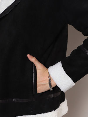 Campus Sutra Mens Carbon Black & Chalk White Fleece Lined Biker Jacket