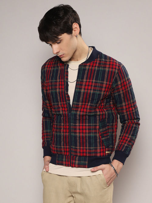 Campus Sutra Mens Crimson Red Tartan Plaid Bomber Jacket