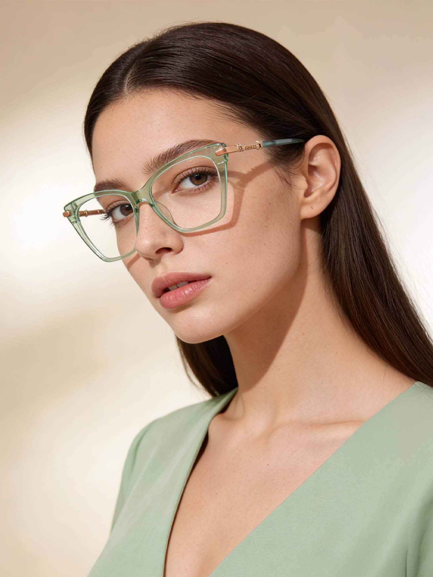 Guess Eyewear for Women with Shiny Crystal Light Green Gold Acetate Frame (53)
