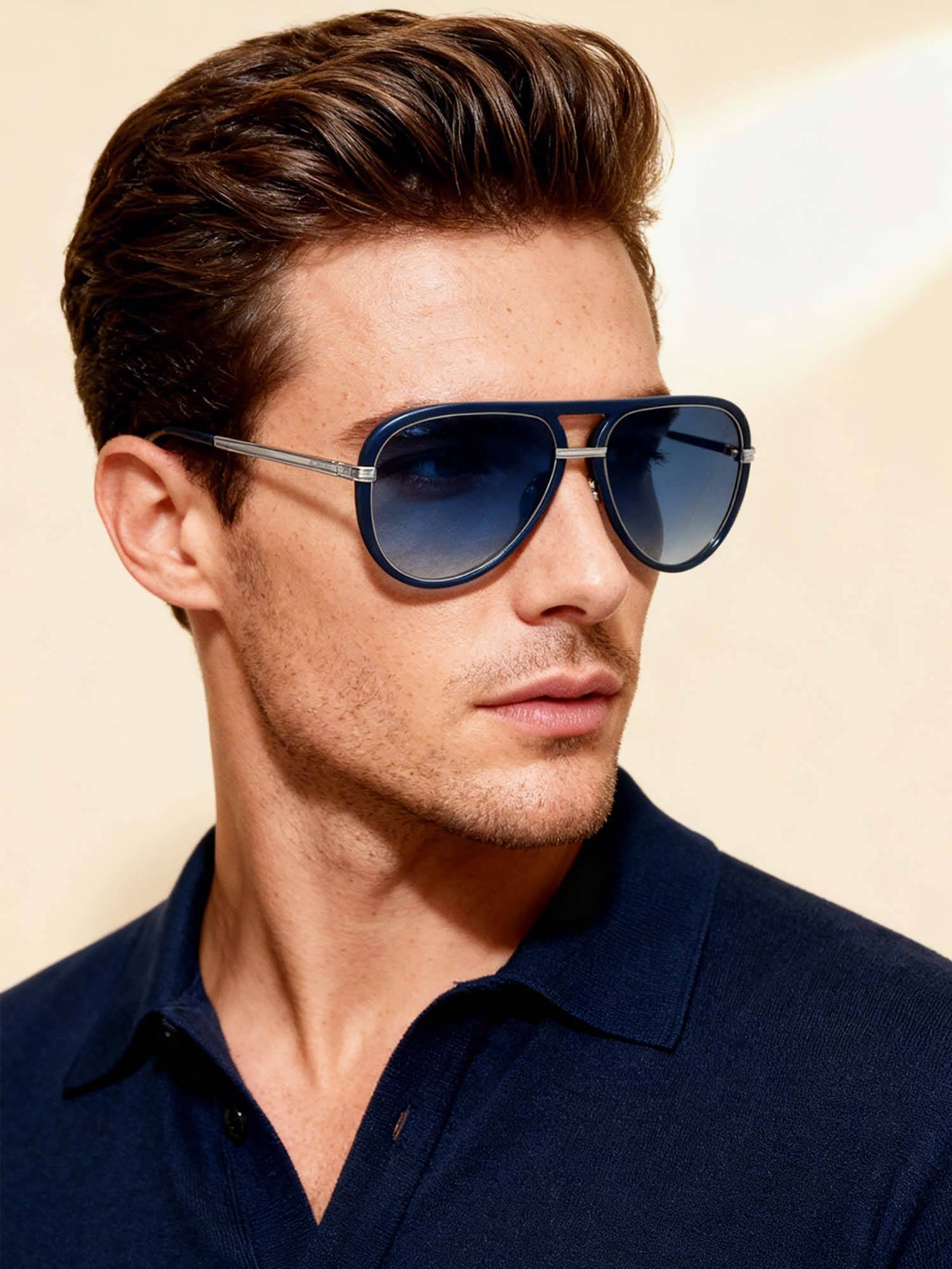 IDEE Blue Gradient Lens Pilot Sunglass Full Rim Shiny Blue Shiny Silver Frame (58)
