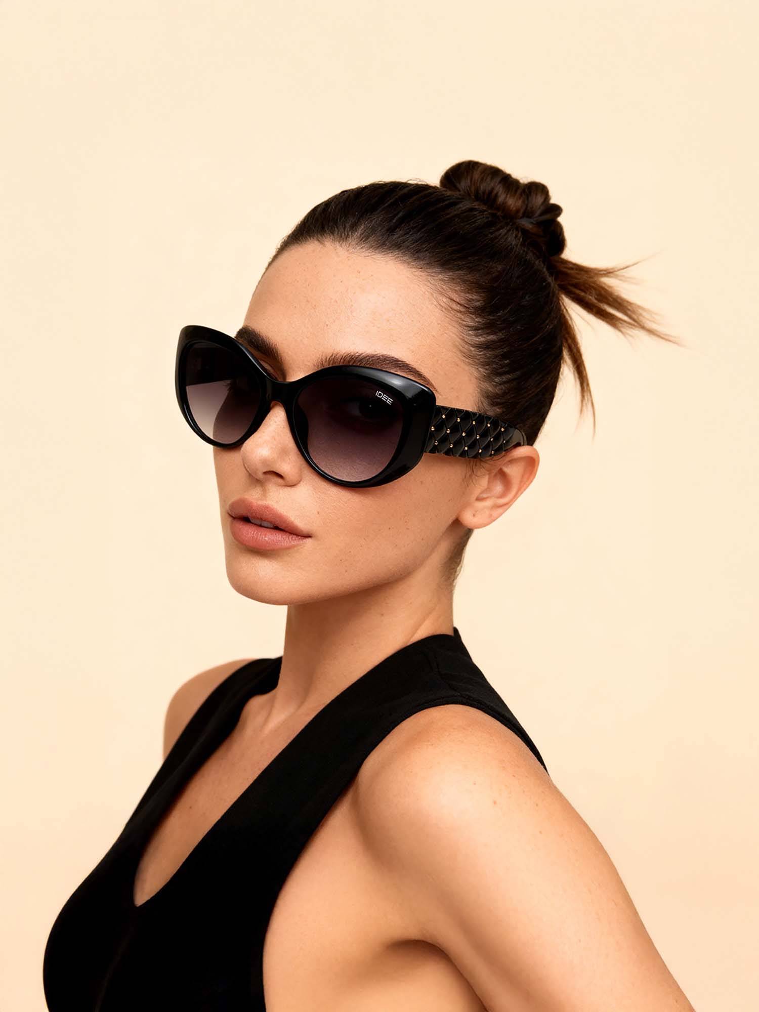 IDEE Smoke Gradient Lens Cat Eye Sunglass Full Rim Shiny Black Frame (54)