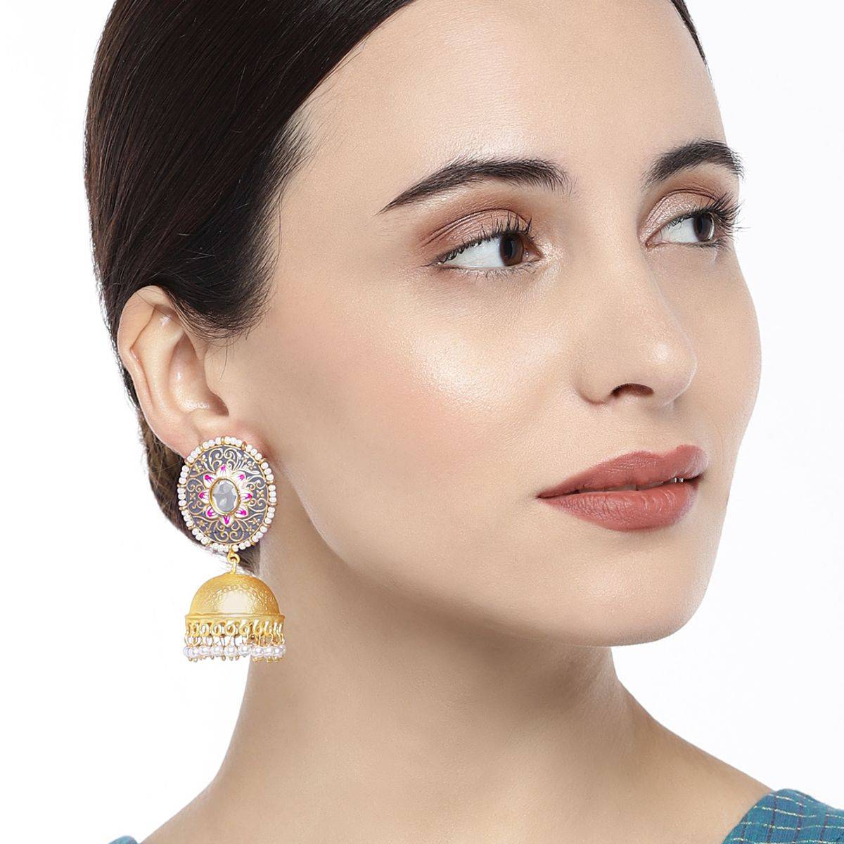 Accessher Gold-Toned & Grey Enamelleddome Shaped Jhumkas