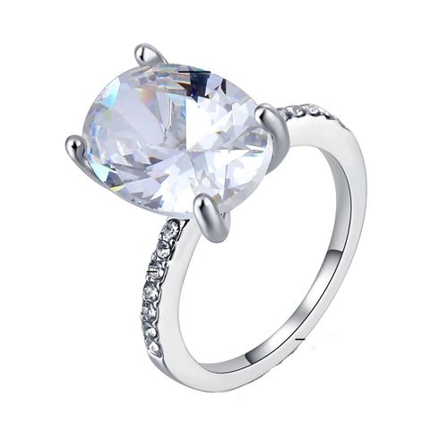 OOMPH Silver Plated Large Oval Shape Solitaire Cubic Zirconia Engagement  Proposal Ring