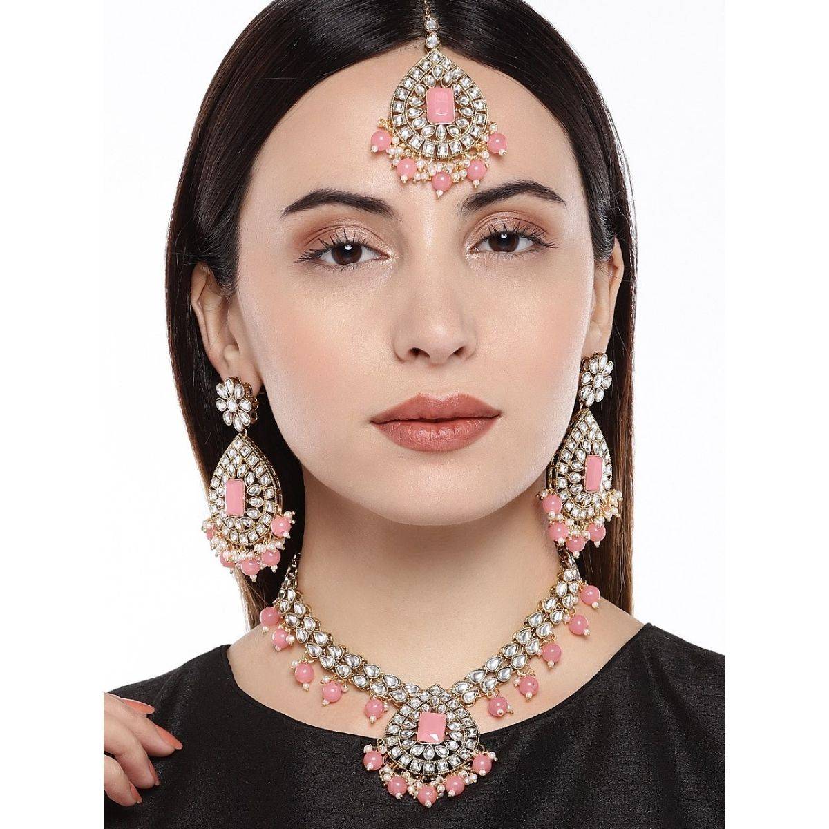 AccessHer Peach Gold-Toned Kundan & Pearls Jewellery set
