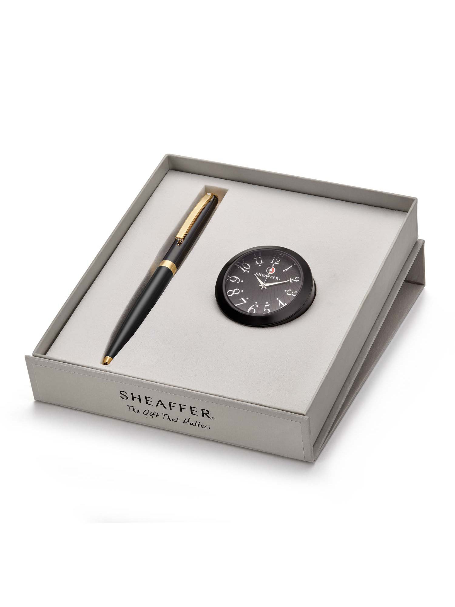 Sheaffer 9471 Sagaris Ballpoint Pen - Black with Gold Tone Trim and Black Table Clock Combination