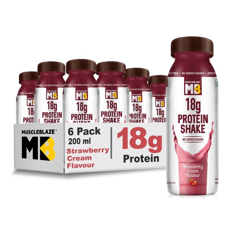 MuscleBlaze 18g Protein Shake (No Added Sugar), Strawberry Cream, Pack