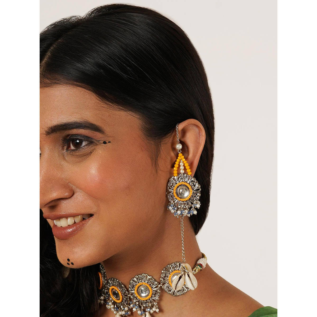 BeAbhika Yellow Beaded Kanuati Earrings with Shells