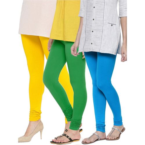 N-Gal 4 Way Luxury Cotton Lycra Women's Diamond Cut Churidar Leggings -  Yellow-Green-Blue (S)