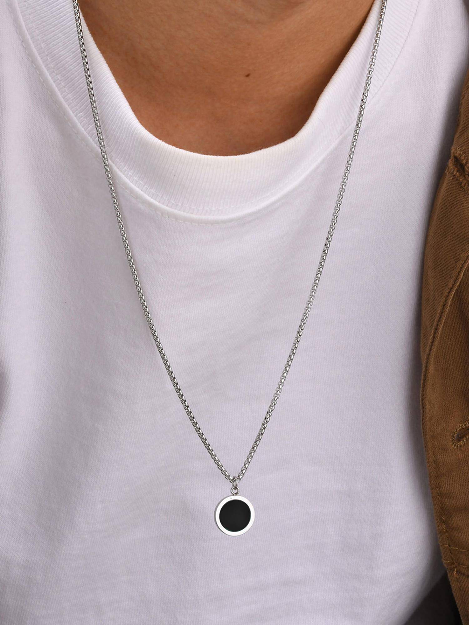 Peora Silver Plated Black Round Pendant Chain Necklace