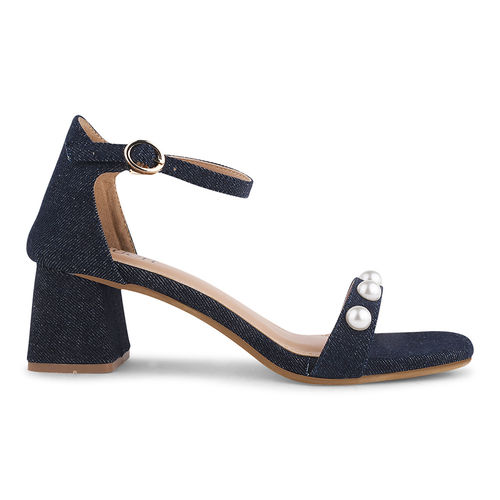 Buy SHUZ TOUCH Pearl Embellished Navy Blue Denim Heels Online