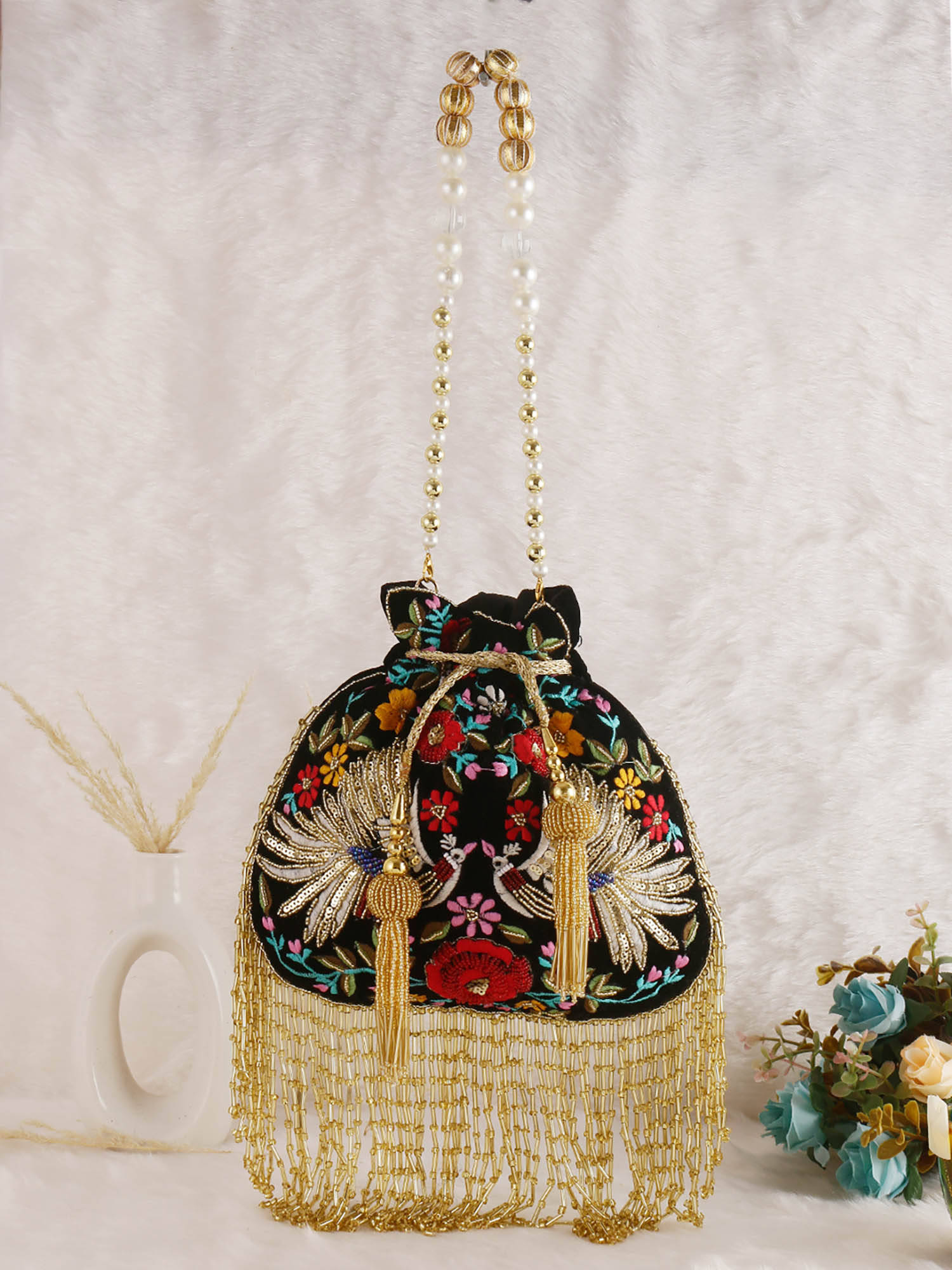 SWISNI Black Velvet Peacock Potli Bag (M)
