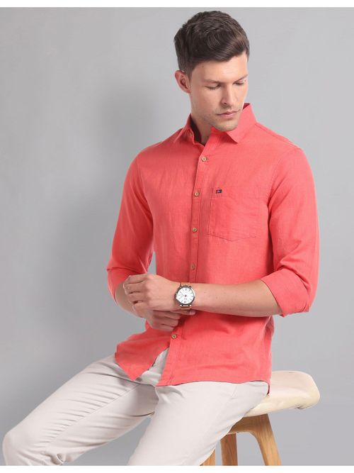 Buy AD By Arvind Cotton Linen Slim Coral Casual Shirt Online