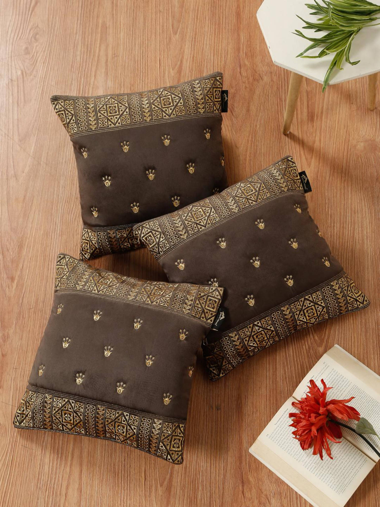 HOSTA HOMES Soft Velvet Geometric Embellished Cushion Covers Brown (Pack of 3) (16x16 Inches)