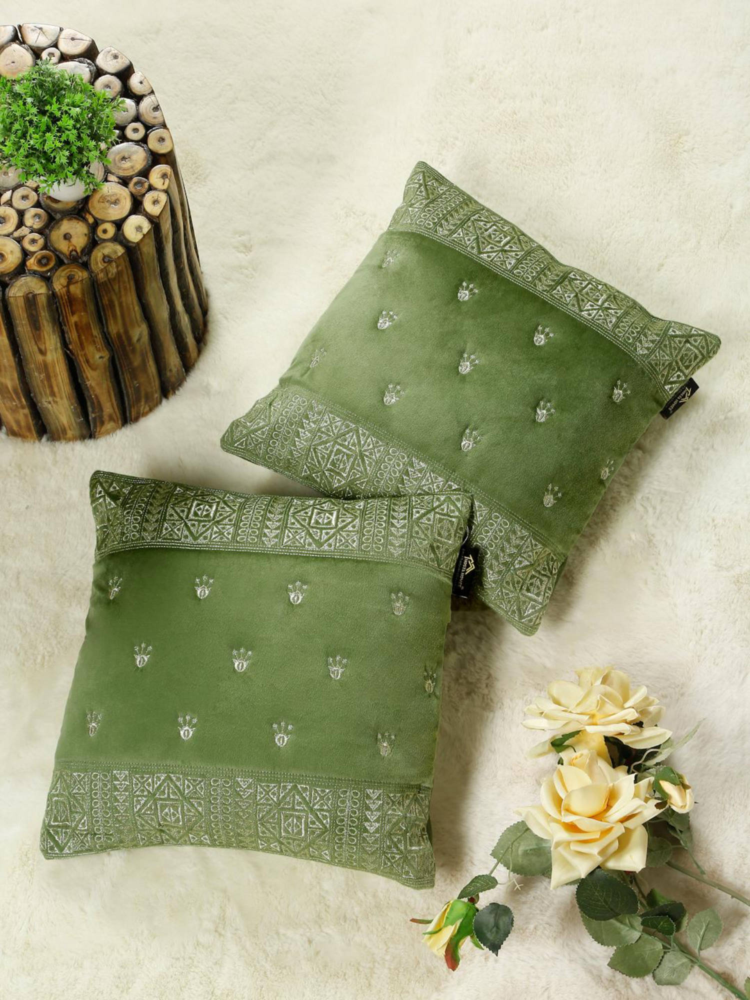 HOSTA HOMES Soft Velvet Geometric Embellished Cushion Covers Green (Pack of 2) (16x16 Inches)