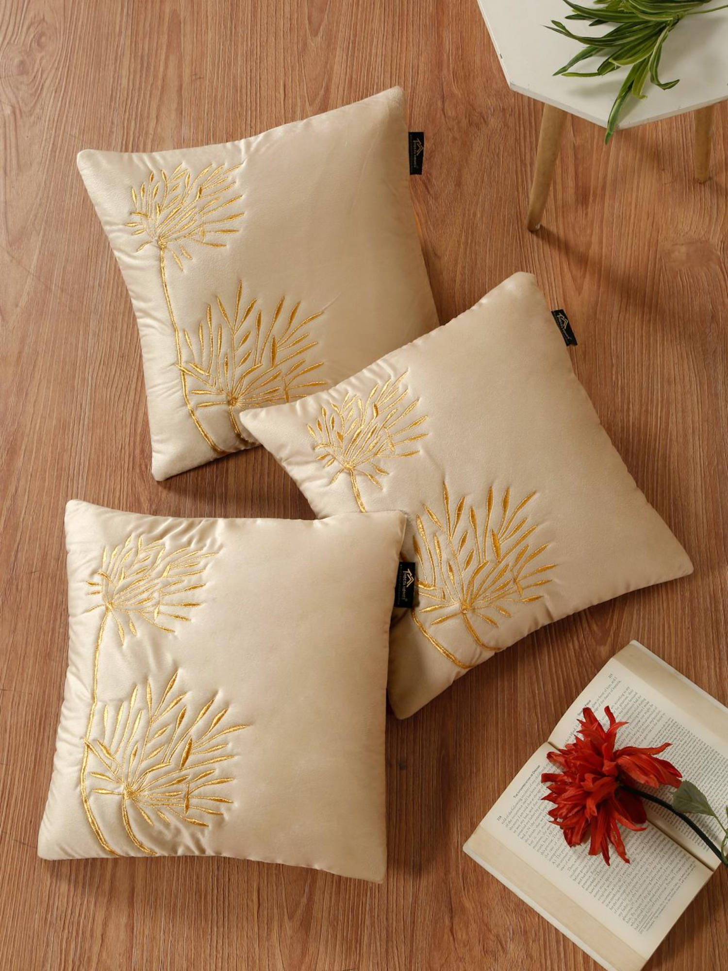 HOSTA HOMES Soft Velvet Leaf Pattern Embellished Cushion Covers Cream (Pack of 3) (16x16 Inches)