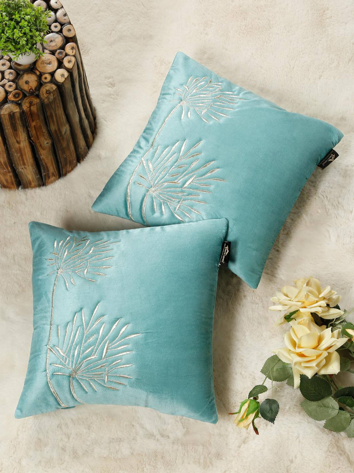 HOSTA HOMES Soft Velvet Leaf Pattern Embellished Cushion Covers Aqua (Pack of 2) (16x16 Inches)