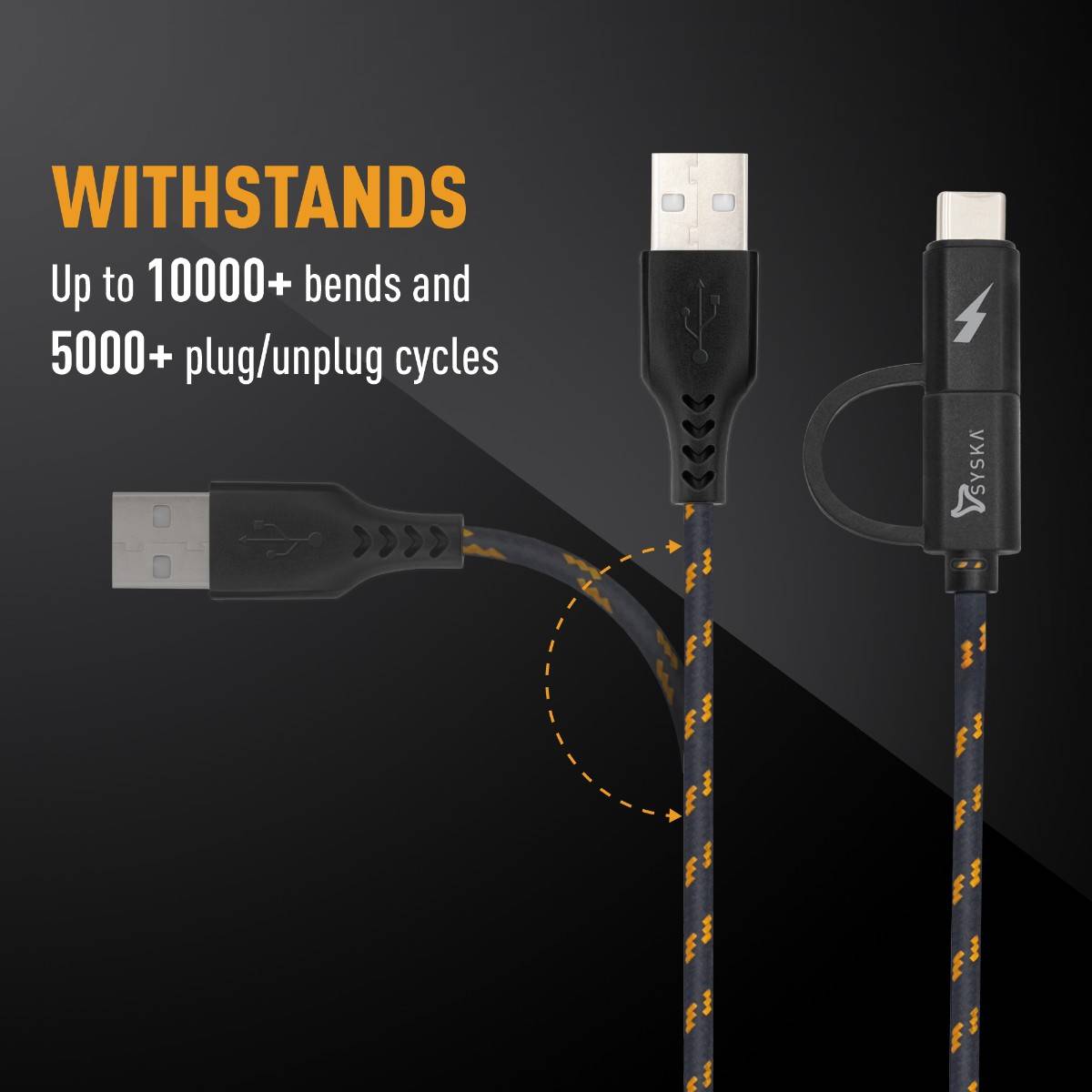 Buy SYSKA CC21 Tough Unbreakable Braided Micro and Type C USB Cable 1.5 ...