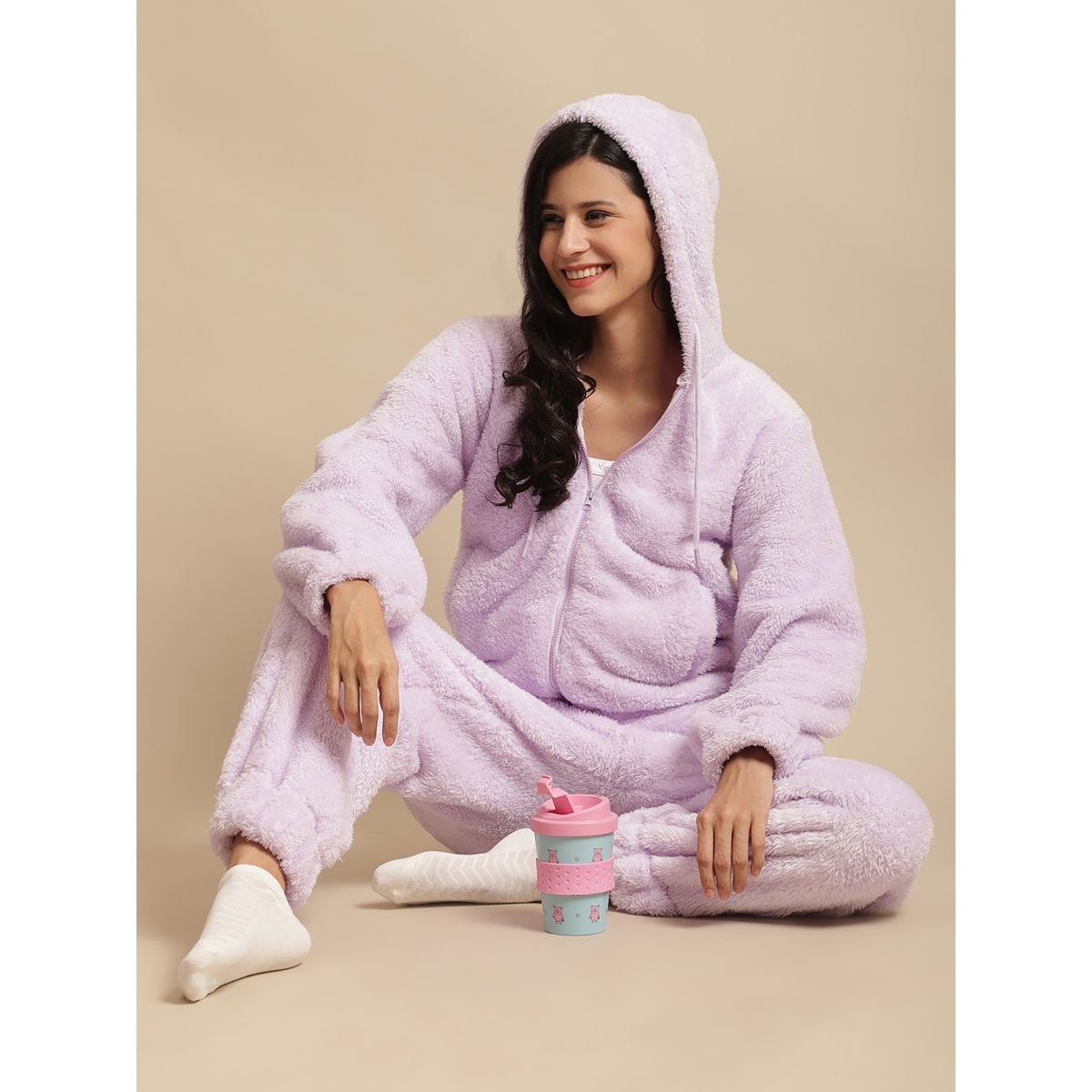 Buy Secret Wish Women Lavender Faux Fur Night Suit Set of 2 Online