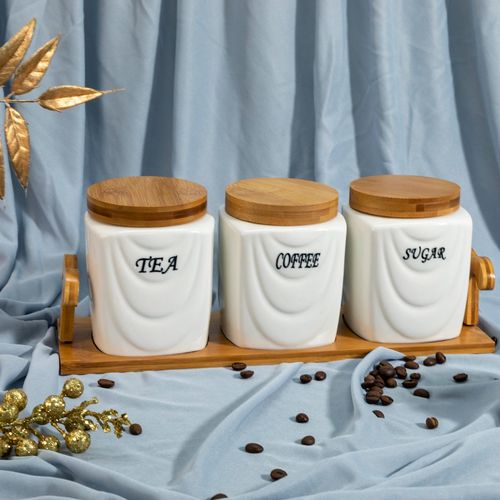 EZ Life White Ceramic Curtains Tea Coffee Sugar Canisters pcs with Wooden  Stand Tray (Set of 4)