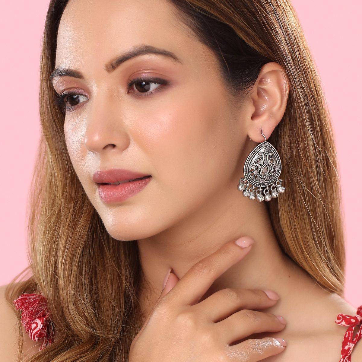 Yellow Chimes Silver Oxidised Drop Earrings for Women