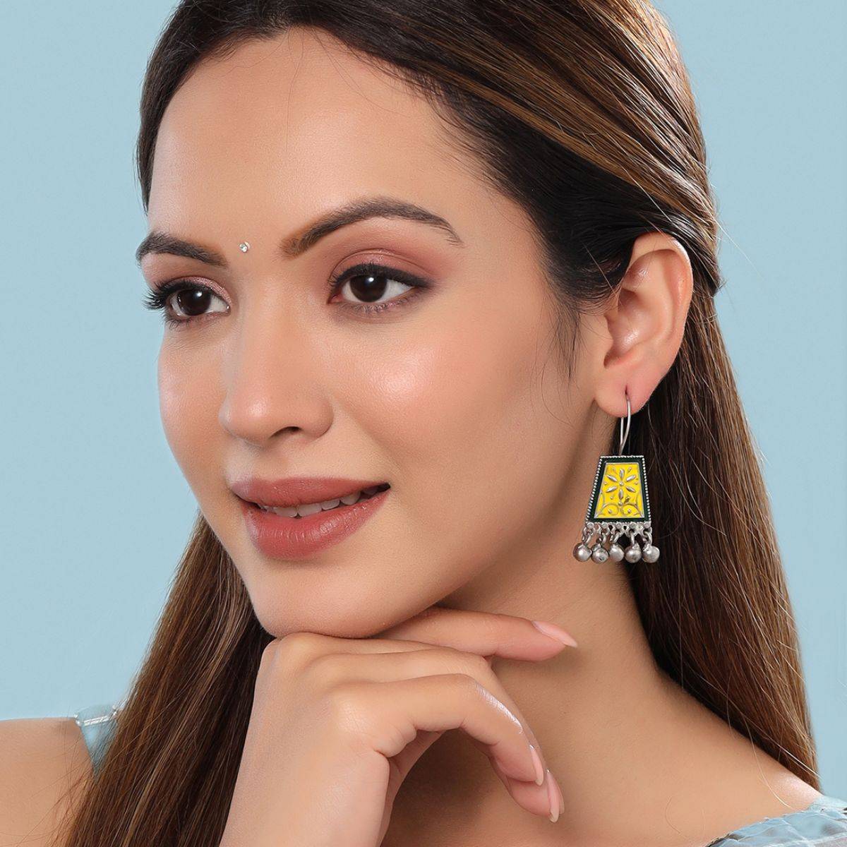Yellow Chimes Minakari Yellow and Green Drop Earrings