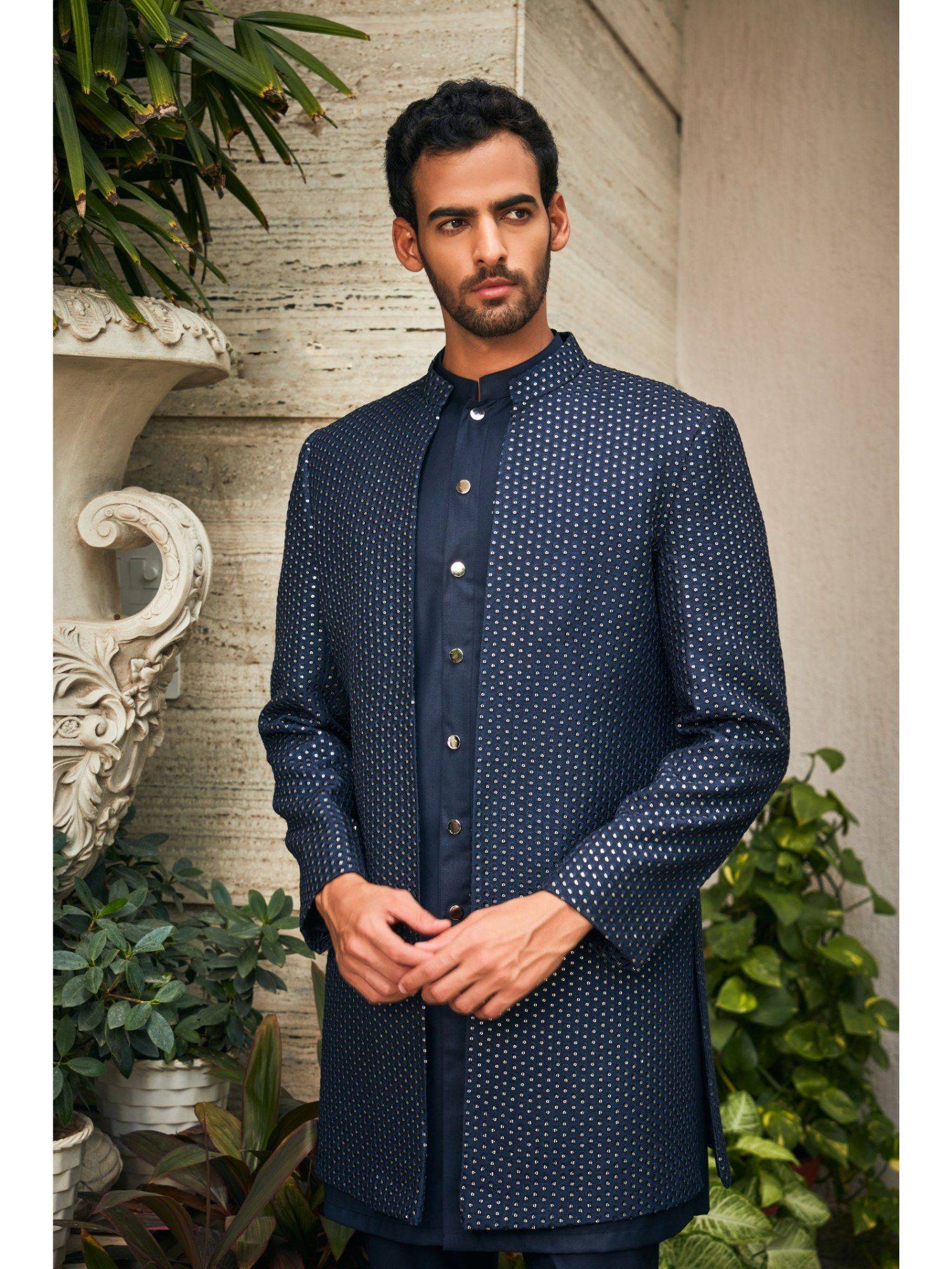 Buy Bohame Aagney Navy Blue Chikankari Open Jacket and Kurta with Pant ...