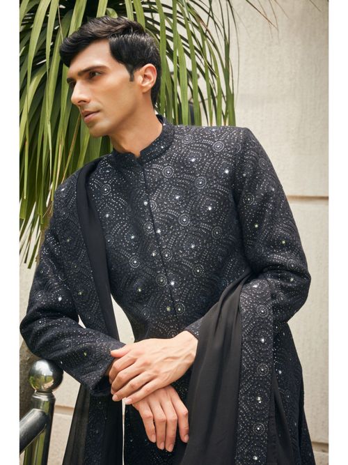Bohame Varnit Black Chikankari Embroidery Sherwani Kurta and Pant with  Dupatta (Set of 4) (XS)