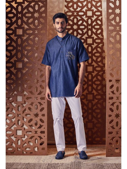 Buy Charkhee Navy Blue Denim Short Kurta with Pant (Set of 2) Online