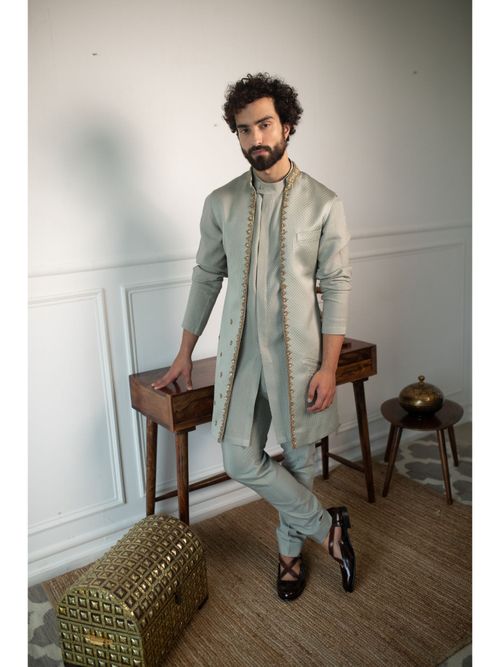 Long Shrug Kurta Set Buy CONTRAST BY PARTH Olive Dusty Embroidered