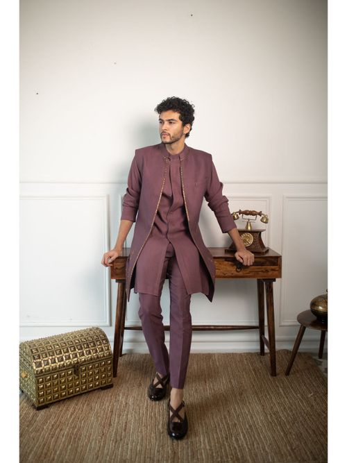 CONTRAST BY PARTH Burgundy Devine Marsala Embroidered Shrug with Kurta  Pant (Set of 3) (XS)