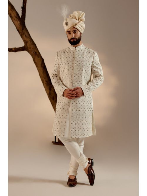 Jatin Malik Albino White Sherwani with Safa (Set of 4) (XS)