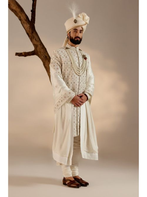 Jatin Malik Albino White Sherwani with Safa Stole (Set of 5) (XS)