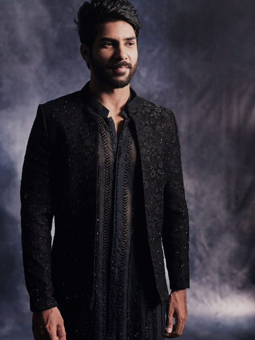 Buy Varun Chakkilam Ebony Black Anchor Open Jacket and Kurta with