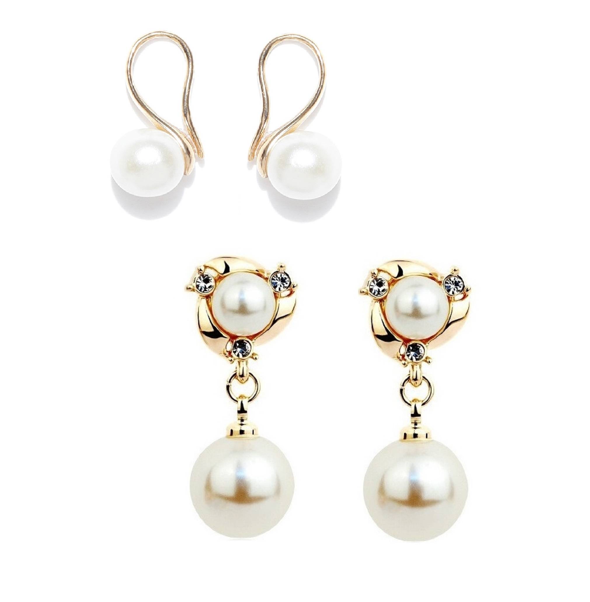 OOMPH Jewellery Combo Of 2 Gold Tone White Pearl Office-Wear Fashion Delicate Drop Earrings