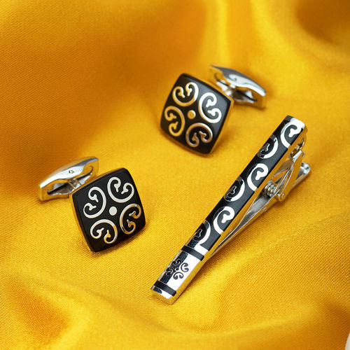 Peora Black Silver Decorative Combo Set Of Tie Pin Cufflinks Wedding  Business Gift (PX9TCL01) - Main Image