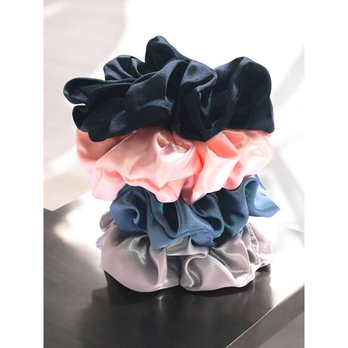 OOMPH Combo of 4 Black, Pink and Grey Satin Silk Scrunchy Hair Tie
