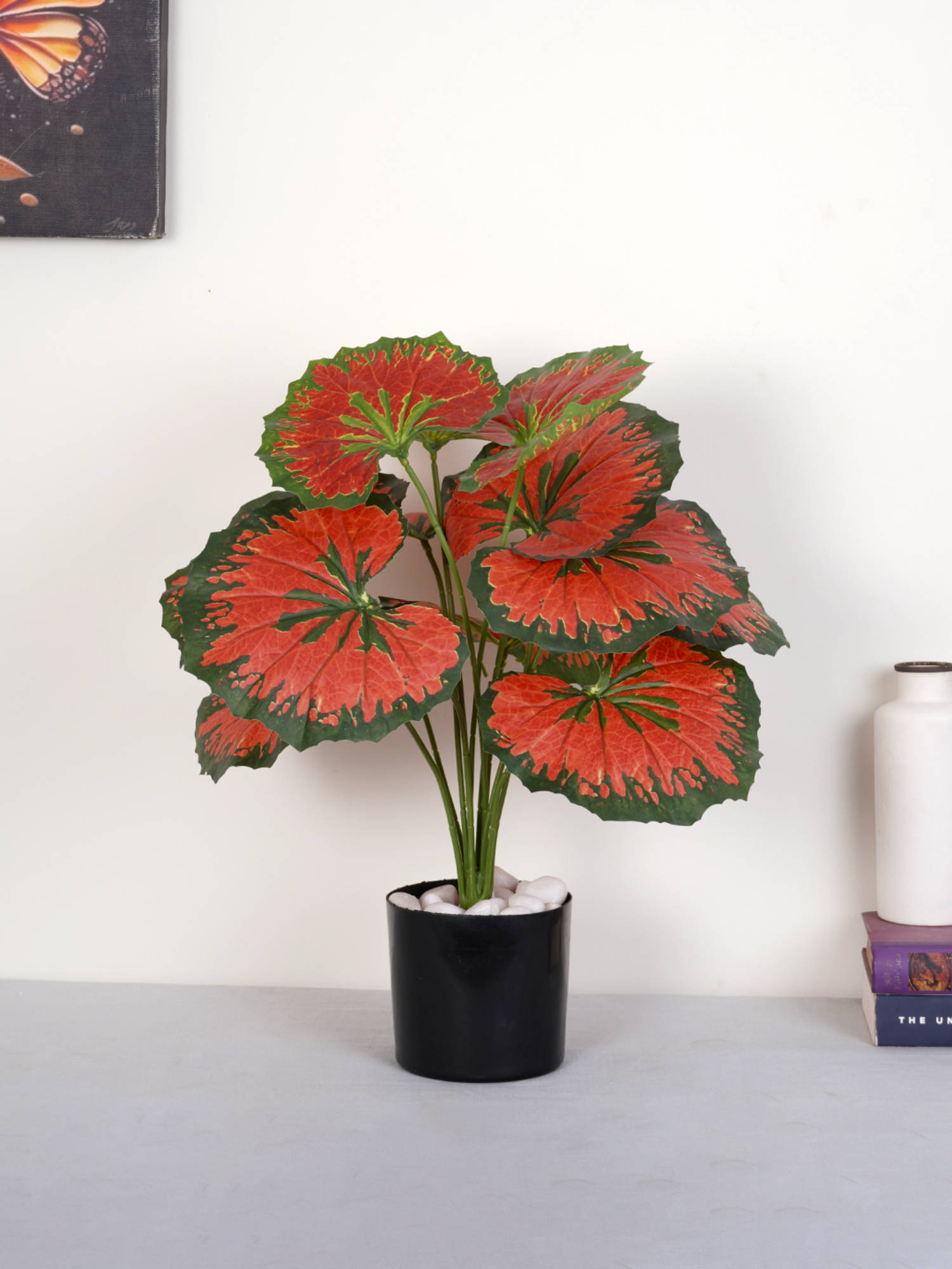 Home Bloom Artificial Red Natural Looking 12 Leaves Caladium Plant with Pot