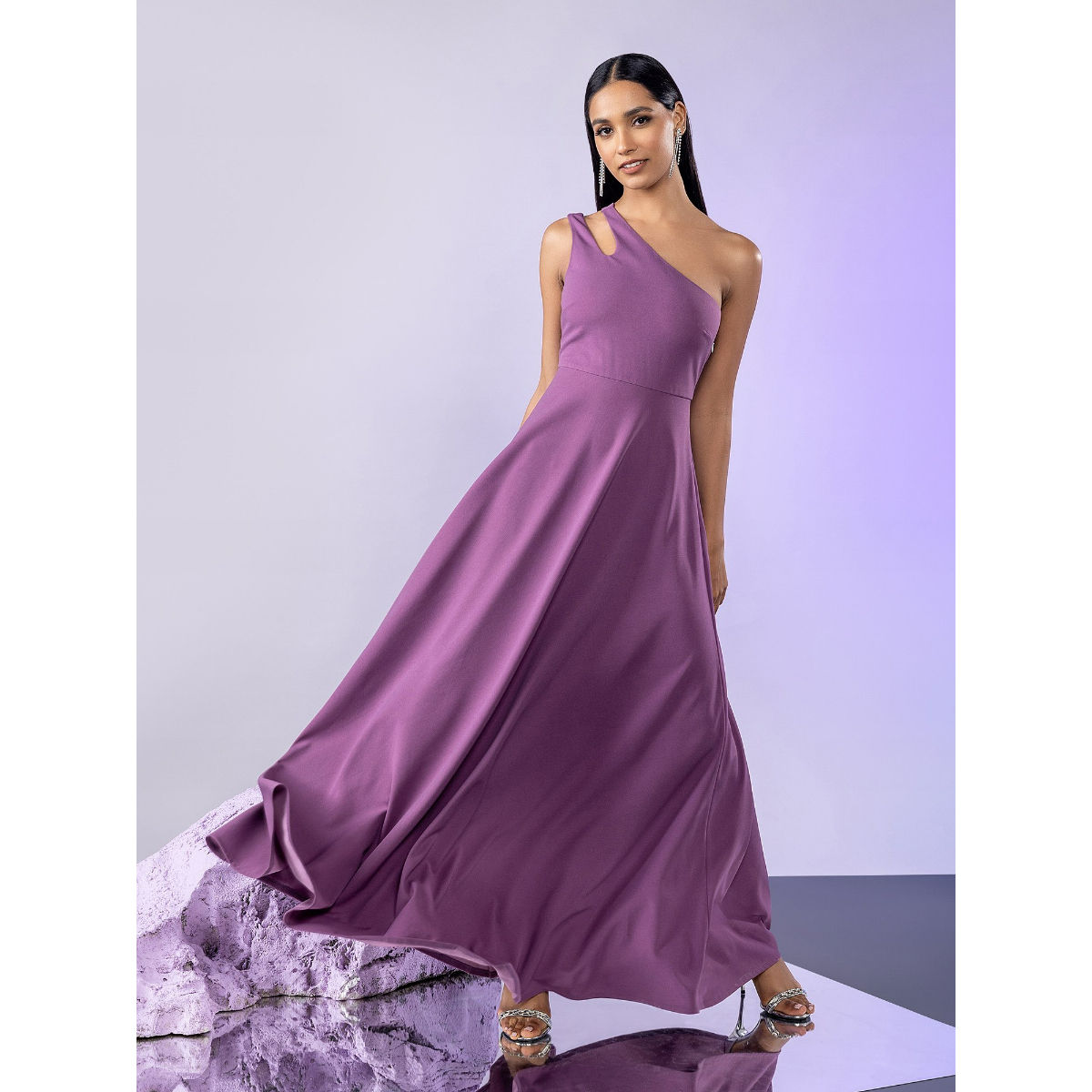 Twenty Dresses by Nykaa Fashion Purple Solid One Shoulder Fit and Flare