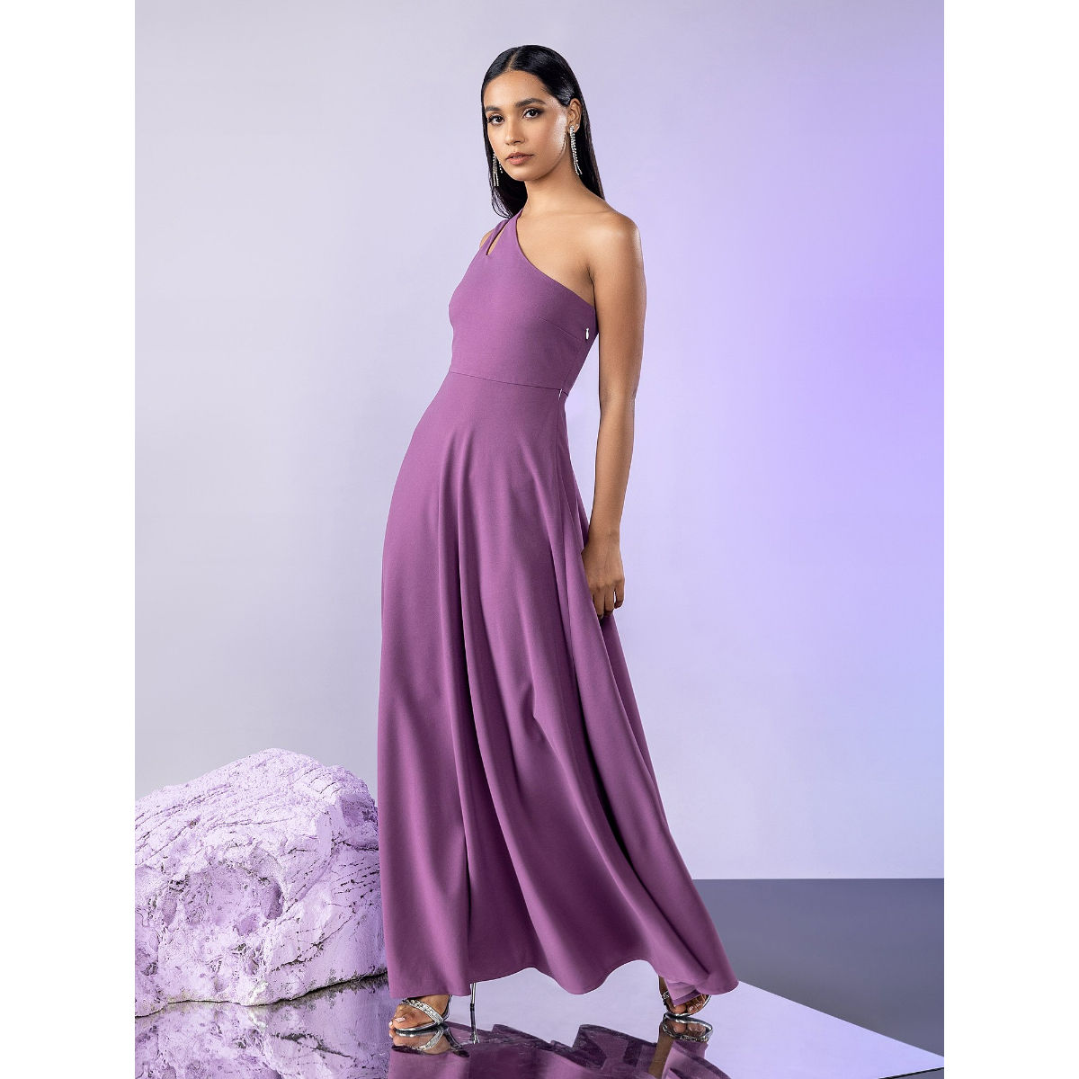 Twenty Dresses by Nykaa Fashion Purple Solid One Shoulder Fit and Flare