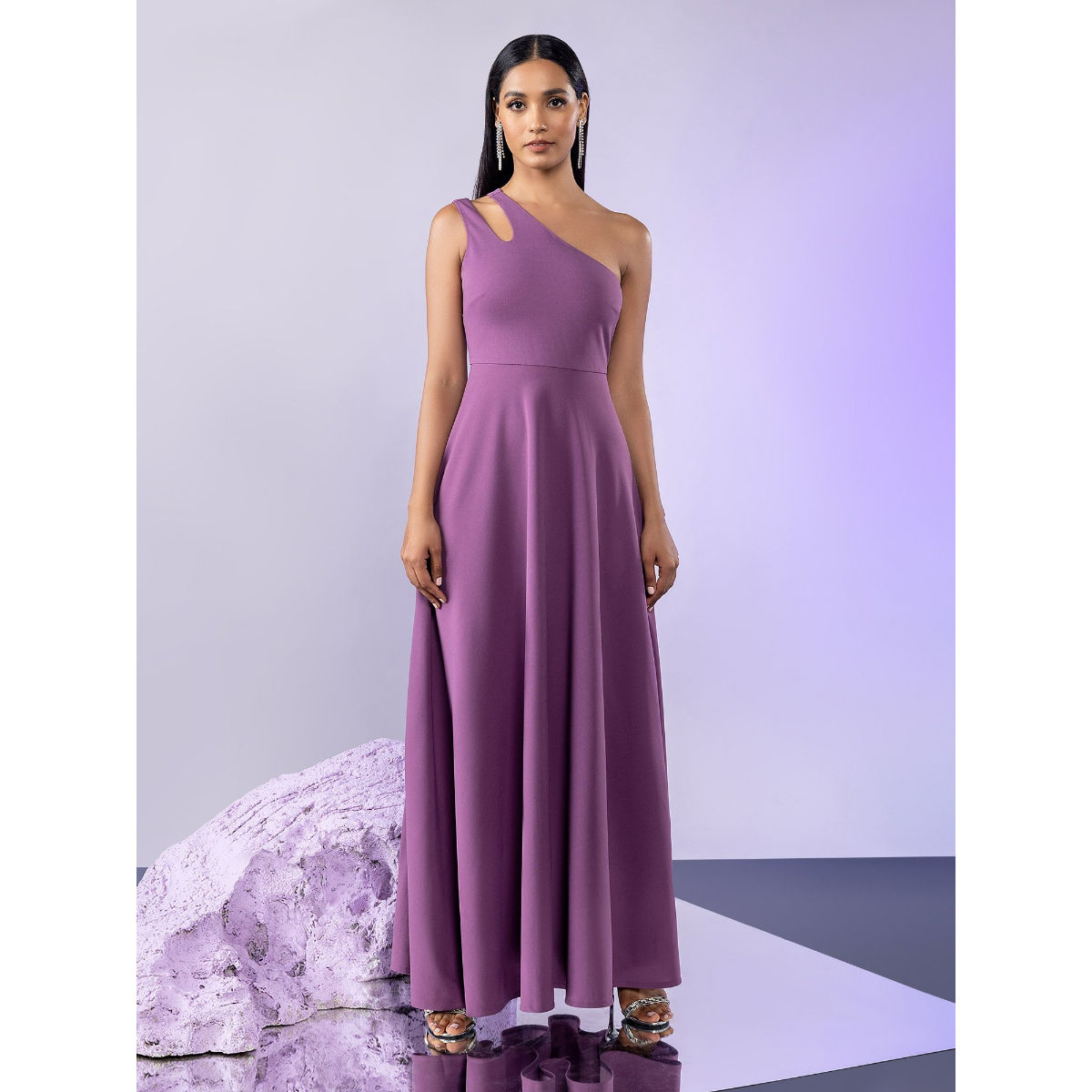 Twenty Dresses by Nykaa Fashion Purple Solid One Shoulder Fit and Flare