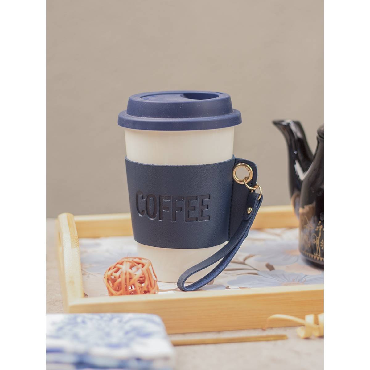 Voncasa Navy Ceramic Sipper - Leather Grip, 350ml