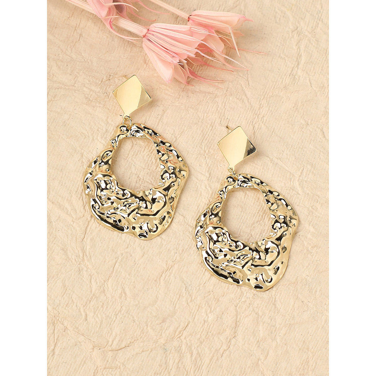 Sohi Women Dented Abstract Drop Earrings Gold