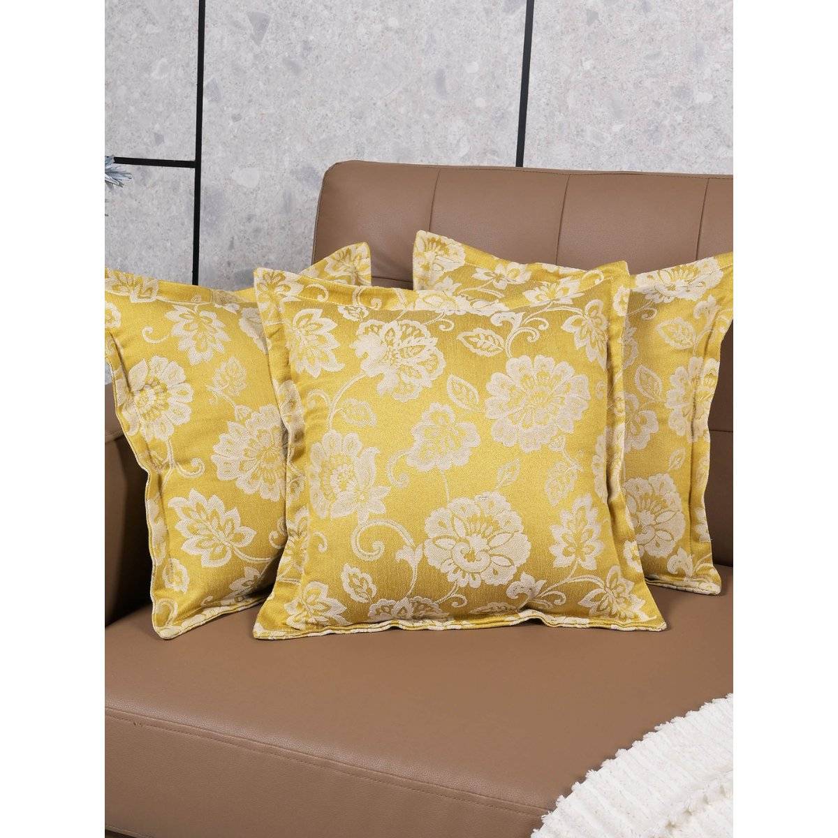 Saral Home Gold Jardin Floral Cotton Cushion Cover (Pack Of 3)