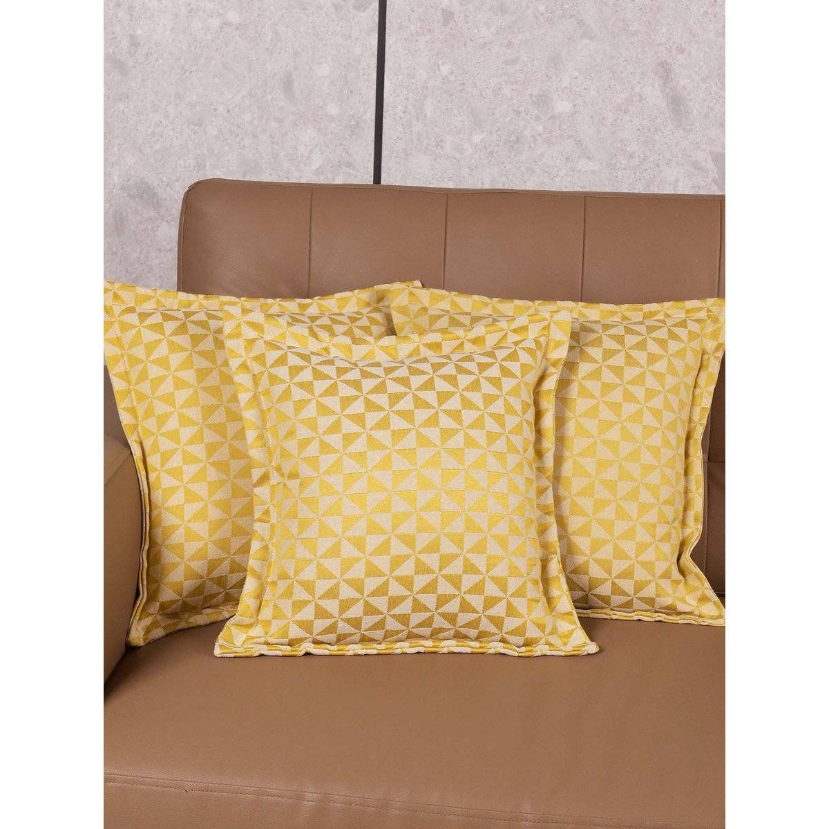 Saral Home Yellow Firki Damask Cotton Cushion Cover (Pack Of 3)